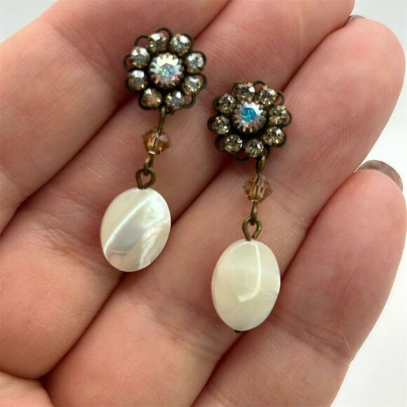 Vintage Floral Aurora Borealis Rhinestones Stud Dangle Pearl Drop Earrings - Picture 4 of 9